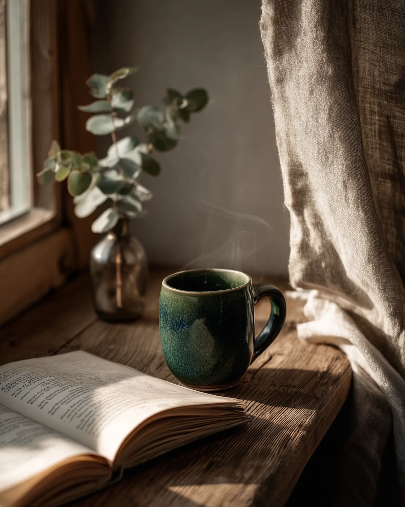 Tasse und offenes Buch am Fenster